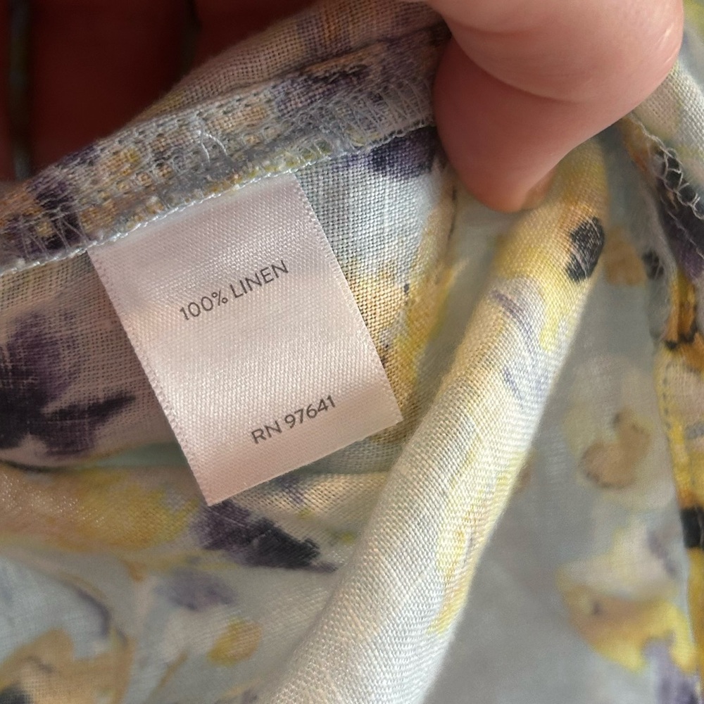J. Jill love linen floral 100% linen blouse top Size L blue Yellow Roll Tab - Picture 5 of 11